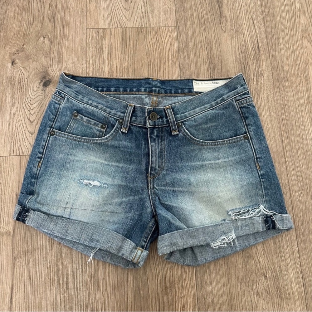 Rag & Bone Blue Distressed 100% Cotton Denim Cut Off Cuffed‎ Shorts.